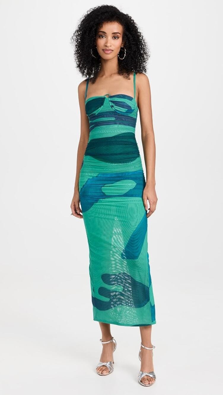 NWT $520 SIR. Green Frankie Tobin Ruched Mesh Midi Dress - 0 / XS